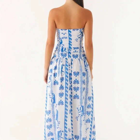 Peppermayo Carmel White Strapless Maxi Dress with Blue Floral Print - Picture 2 of 4